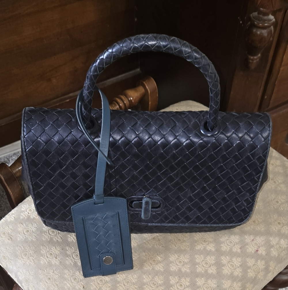 Bottega Woven Navy Blue Top Handle Vintage Handbag with New Luggage Tag